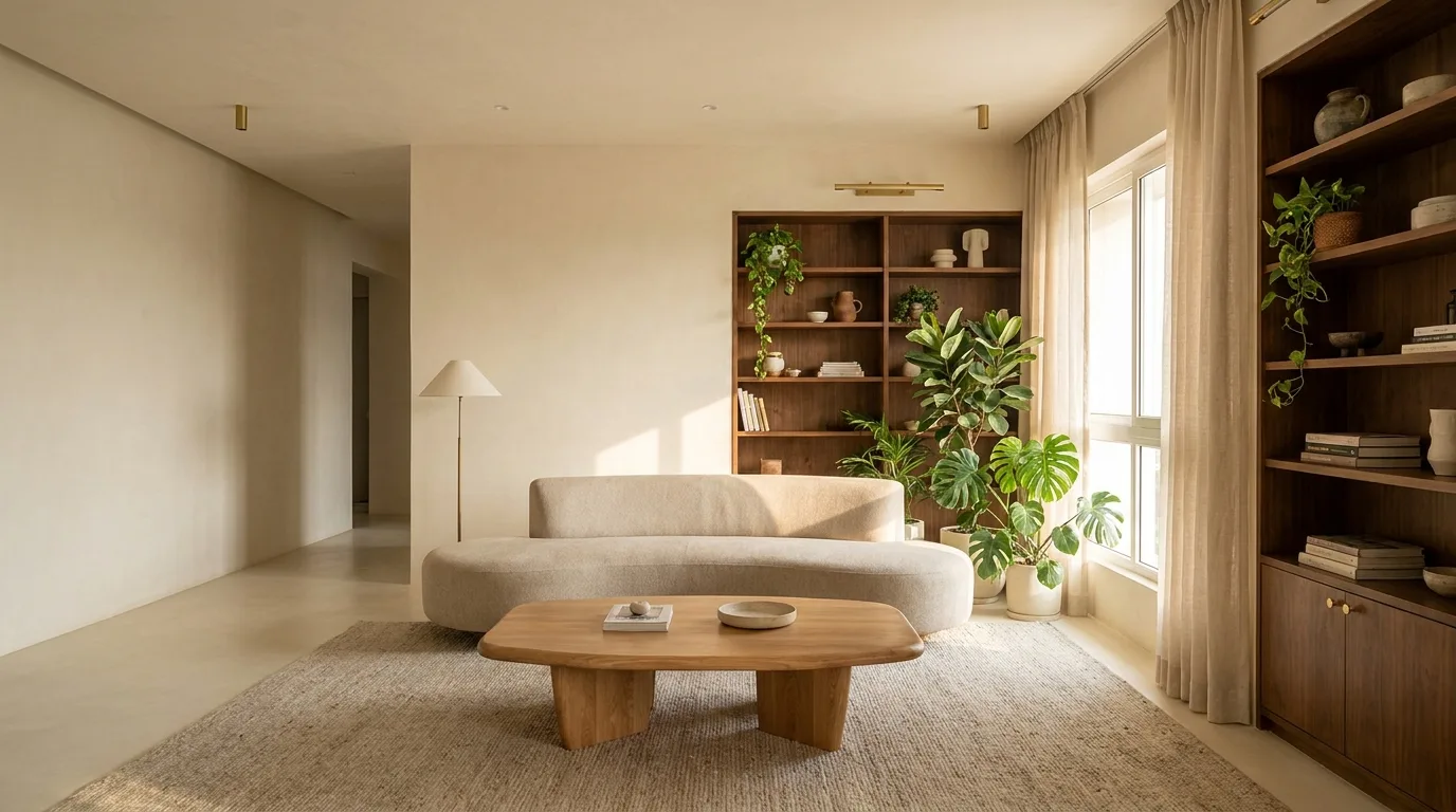 Warm contemporary living room with sculptural furniture and natural wood cabinetry