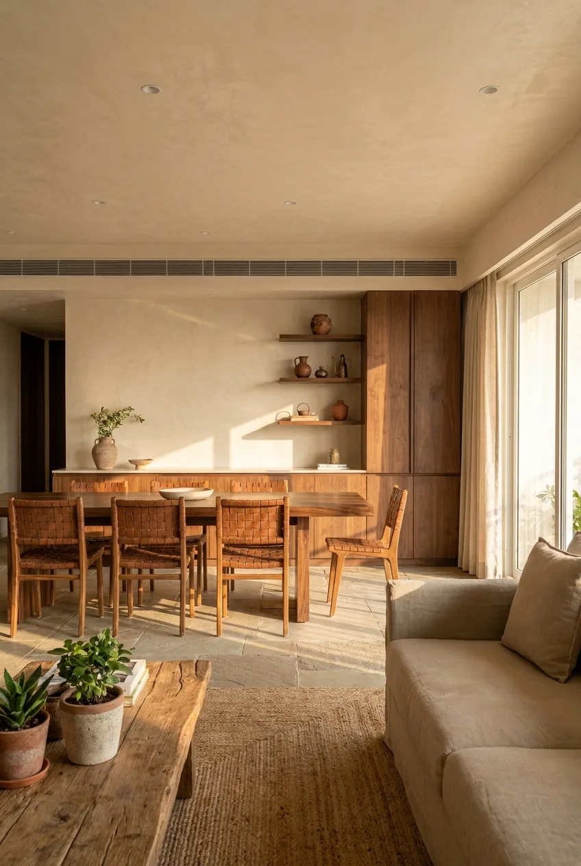 Warm contemporary dining room in a modern Indian apartment